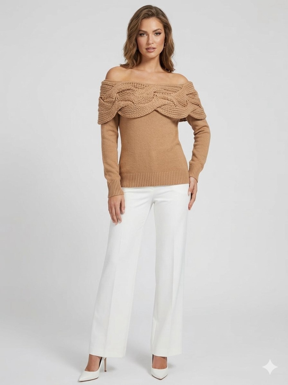 bebe Camel Off-Shoulder Cable Knit Sweater